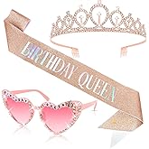 Tihebax Birthday Queen Sash and Crown & Glasses Set for Women, Rose Gold Happy Birthday Sash for Women with Tiara Birthday Decorations for Woman Girls Birthdays Party Favors