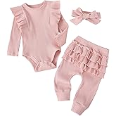 Fullfamous Baby Girl's 3pc Rib Frill Long Sleeve Romper and Pant Set