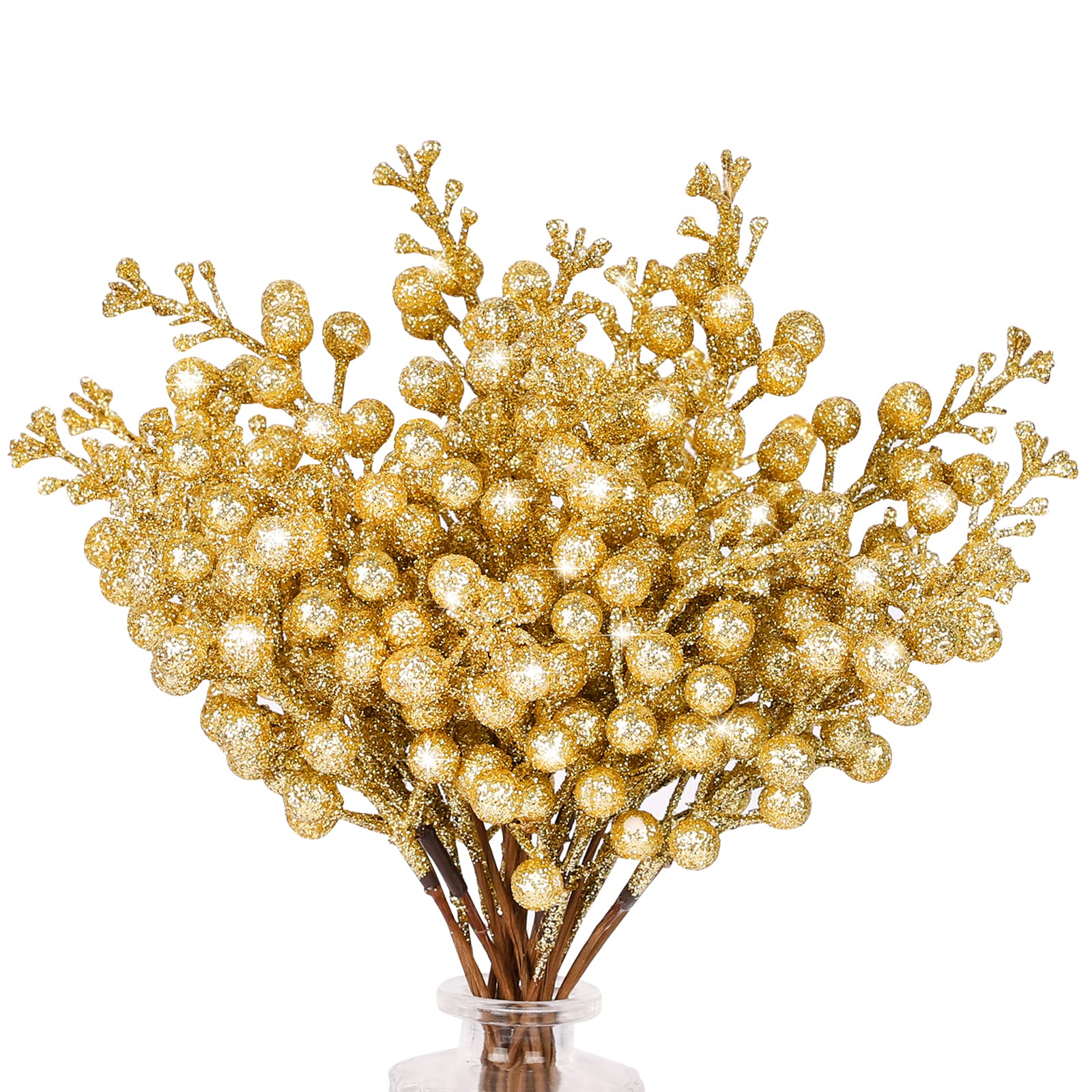 N&T NIETING Christmas Tree Picks, 24 Pcs Artificial Glitter Tree Picks Stems Branches Ornaments, 9.8inch Artificial Holly Berries for Wreath Making Supplies Christmas Tree Decoration, Gold