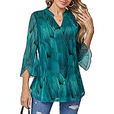 BAISHENGGT Women's Dressy Tops 3/4 Bell Sleeve Elegant V Neck Double Layers Mesh Blouses Tunic Tops
