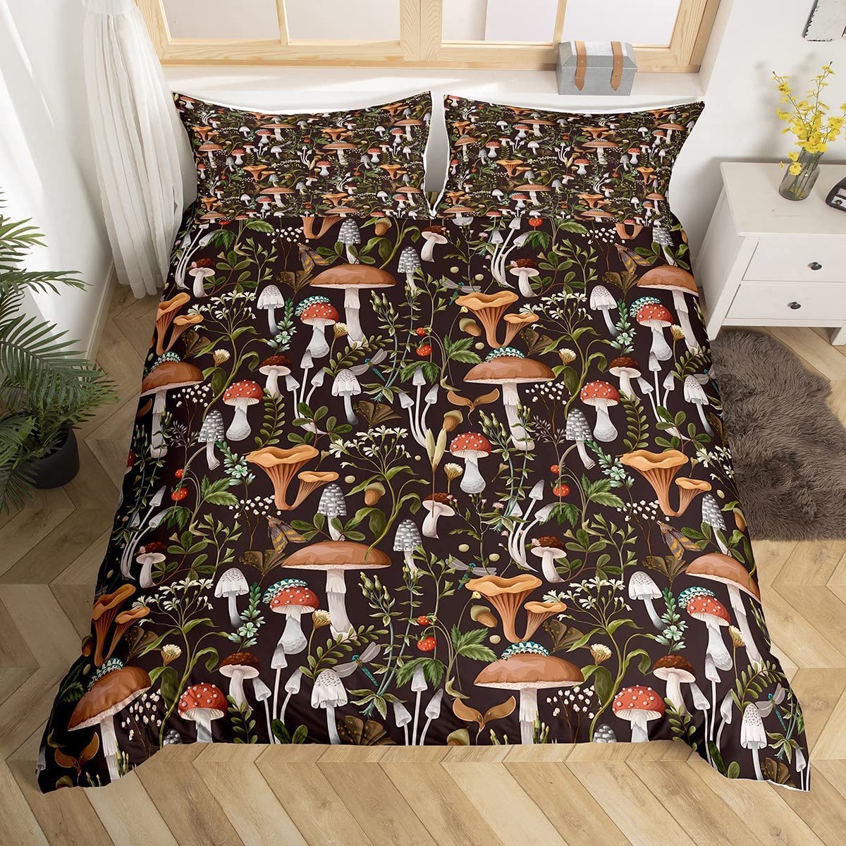Wild Mushroom Double Size Duvet Cover Cute Strawberry Flowers Bedding Set 3pcs for Kids Teens Adult Rustic Style Jungle Mushrooms Comforter Cover Soft Quilt Cover Bedroom Decor Bedspread — image 1