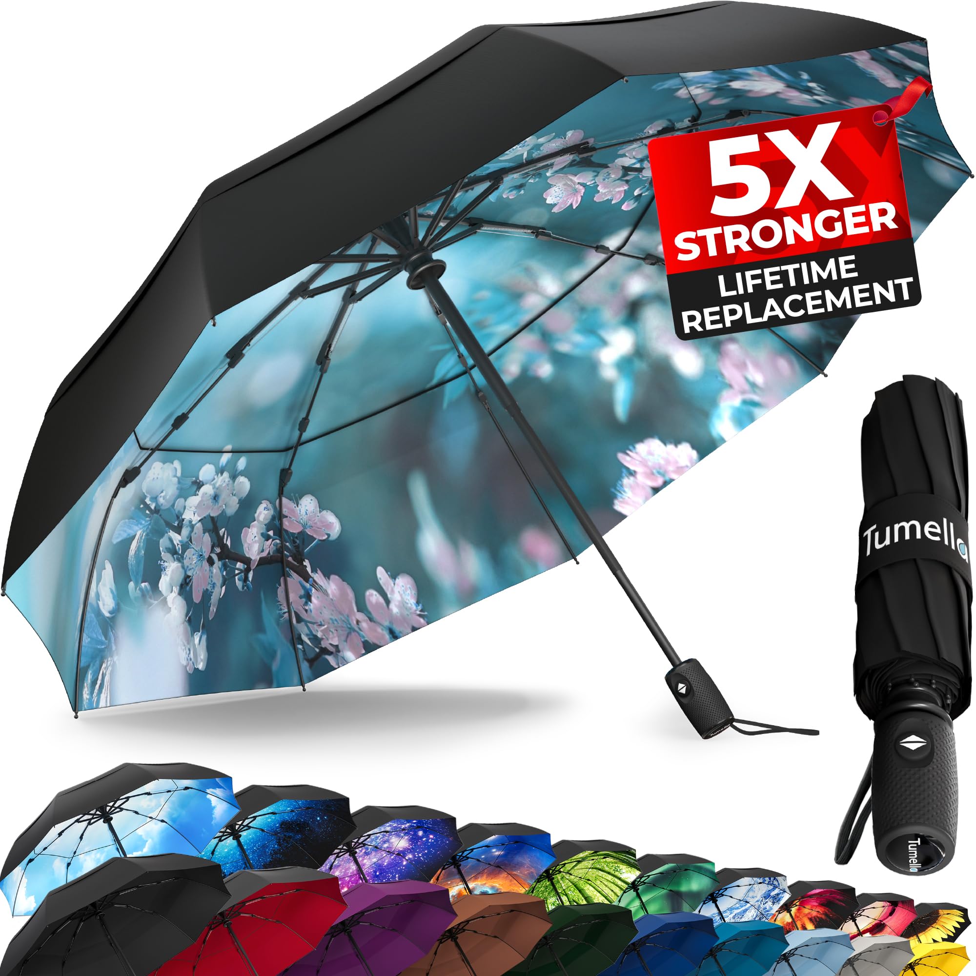 TUMELLA Strongest Windproof Travel Umbrella (Compact, Superior & Beautiful), Small Strong but Light Portable and Automatic Folding Rain Umbrella, Durable Premium Grip, Fits Car & Backpack