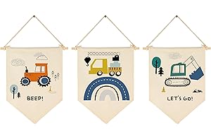 GEANHIL Transport,Construction,Vehicle Construction,Truck Nursery Decor-Flag Decor Gifts for Baby Boys Newborn Kids-Banner Wall Sign Gifts for Nursery Baby Room Playroom Bedroom Front Door-Set of 3