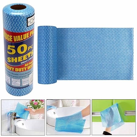 HOKIPO Reusable Absorbent Microfiber Cleaning Wipes Roll (250x300 mm, Blue) - 50 Pieces