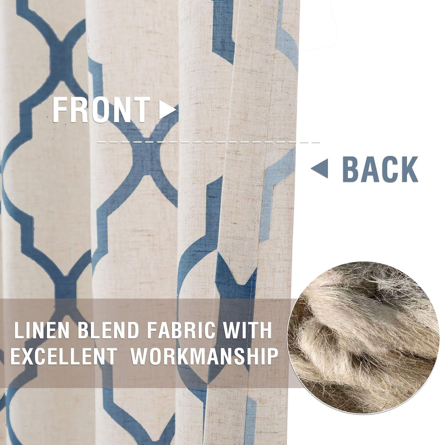 JINCHAN Moroccan Tile Print Curtains for Living Room Quatrefoil Flax Linen Blend Textured Geometry Lattice Grommet Window Treatment Set for Bedroom 50" W x 45" L 2 Panels Blue on Beige: Kitchen & Dining