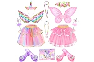 CHILLIFE Princess Dress Up Fairy & Unicorn Costume for Girls 4-6, Toddler Dress with Tutu, Wings, Shoes, Jewelry, Headband Fairy Unicorn Toys for Girls Christmas Halloween Birthday Gift Toys