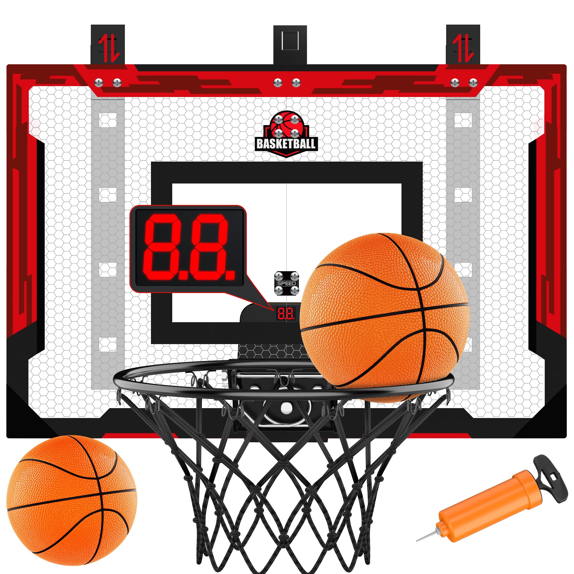 Photo 1 of 24" x 16" Indoor Large Basketball Hoop Toy - Upgraded Adjustable Height Basketball Hoop Over The Door with Scoreboard/2 Balls, Basketball Toys Christmas Birthday Gifts for Kids & Adults(Red)