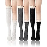 Fourluoo Women Cotton Knit Boot Socks Lace Trim Knee High Stockings Slouch Stacked Scrunch Socks