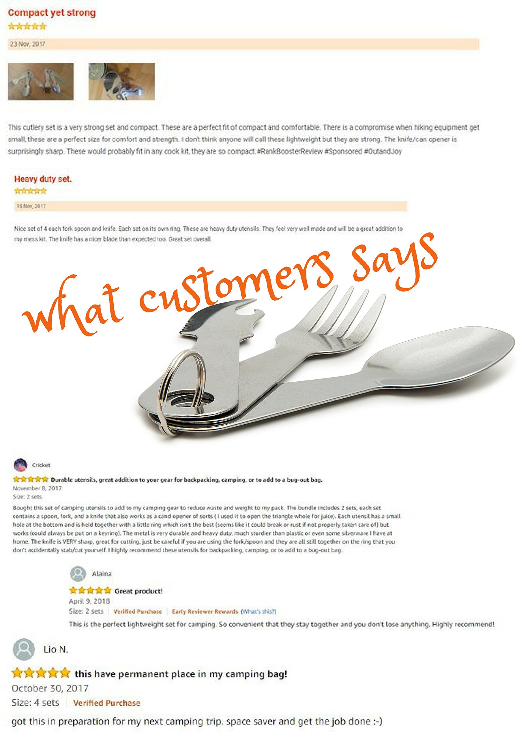 Out&Joy Lightweight Stainless Steel Camping Cutlery Set – Compact, Multi-Purpose, Eco-Friendly Silverware Set Includes Fork, Spoon, Knife + Can and Bottle Opener (4 Person Setting)