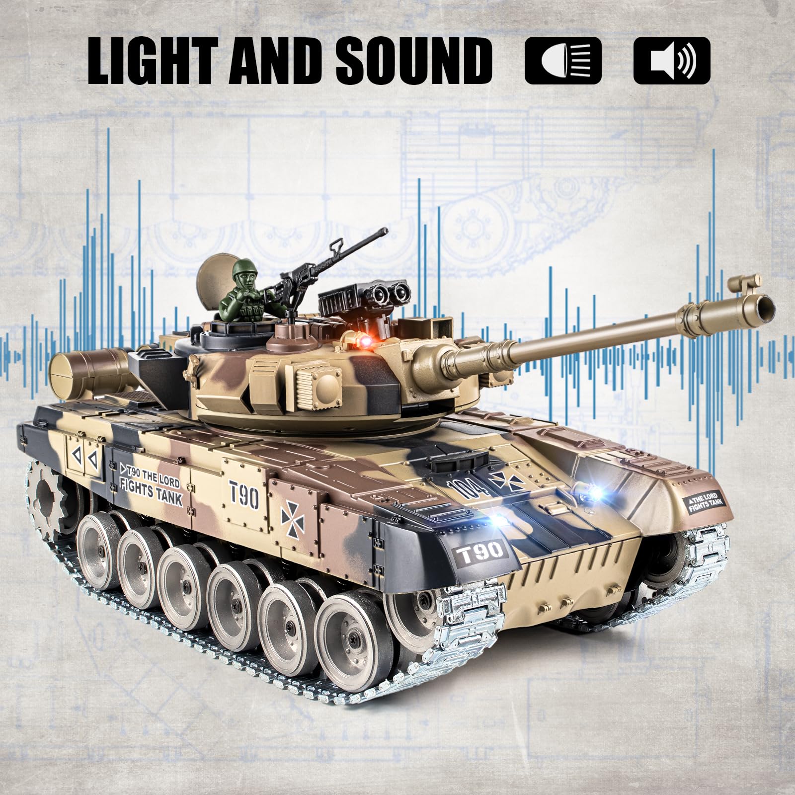 Supdex RC Tank, 1:18 Russian T-90 Metal Tracks Remote Control Model Tank Toys, 2.4Ghz Army Toys with Smoke, Sound and Light, RC Military Vehicle That Shoots BBS and Water Bullets for Adults and Kids