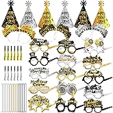HOWAF New Years Eve Party Supplies 2026 Black Silver Gold 2026 Glasses New Years Hats Happy New Year Headband Tiara Necklace Blowouts NYE Party Favors Accessories Kit for Happy New Year Decorations
