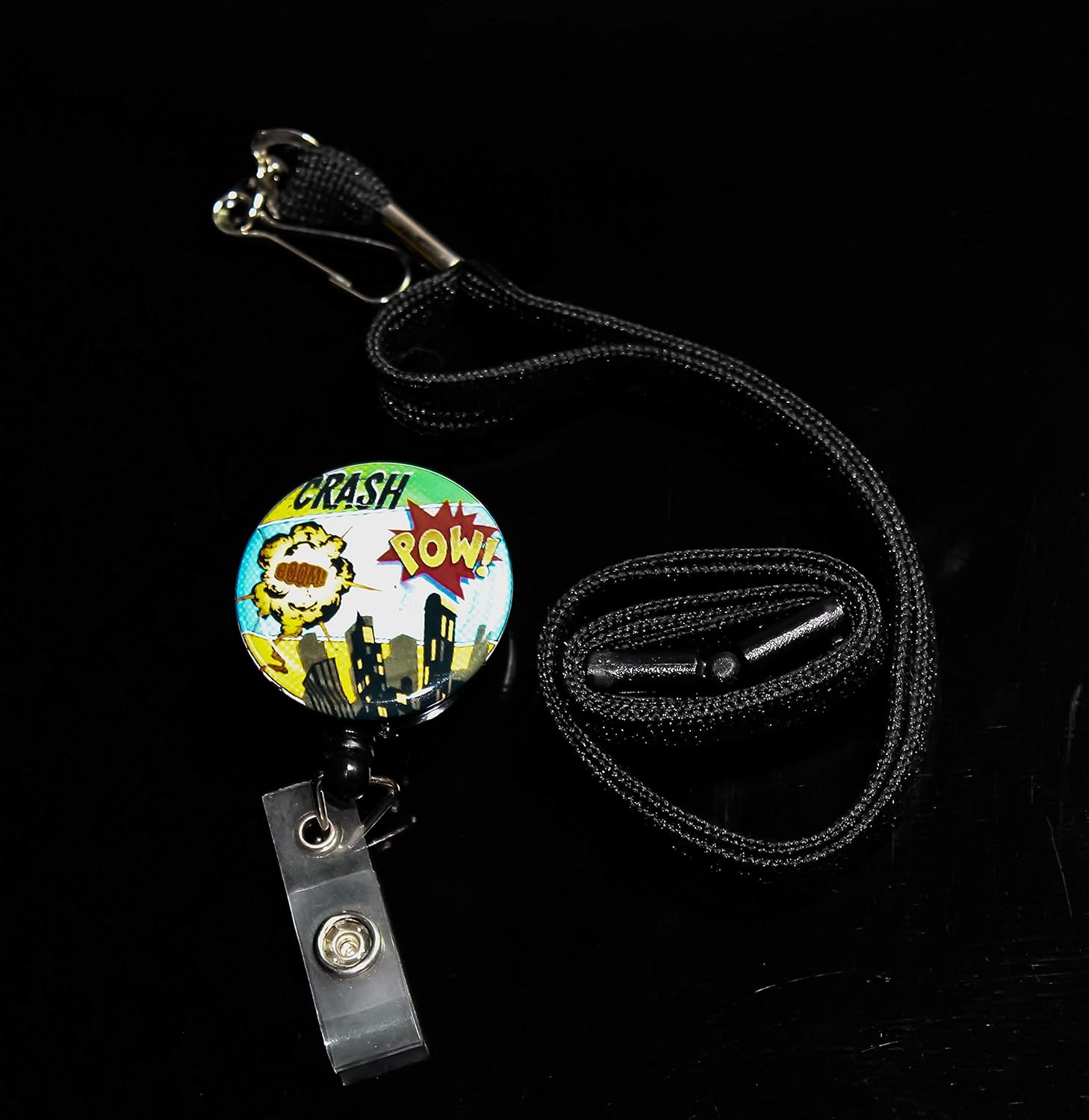 Amazon Com Comic Book Action Words Black Badge Reel W Safety Lanyard Handmade