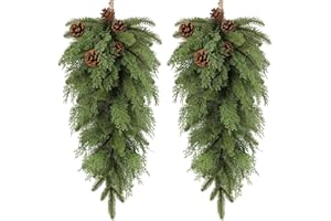 Yunlly 2 Pcs Artificial Christmas Teardrop Swag 26" Artificial Pine Needle Branches Christmas Greenery Teardrop Wreath Faux Winter Wreath with Conifer Cones for Xmas Door Mantle Decor (Pine Branches)