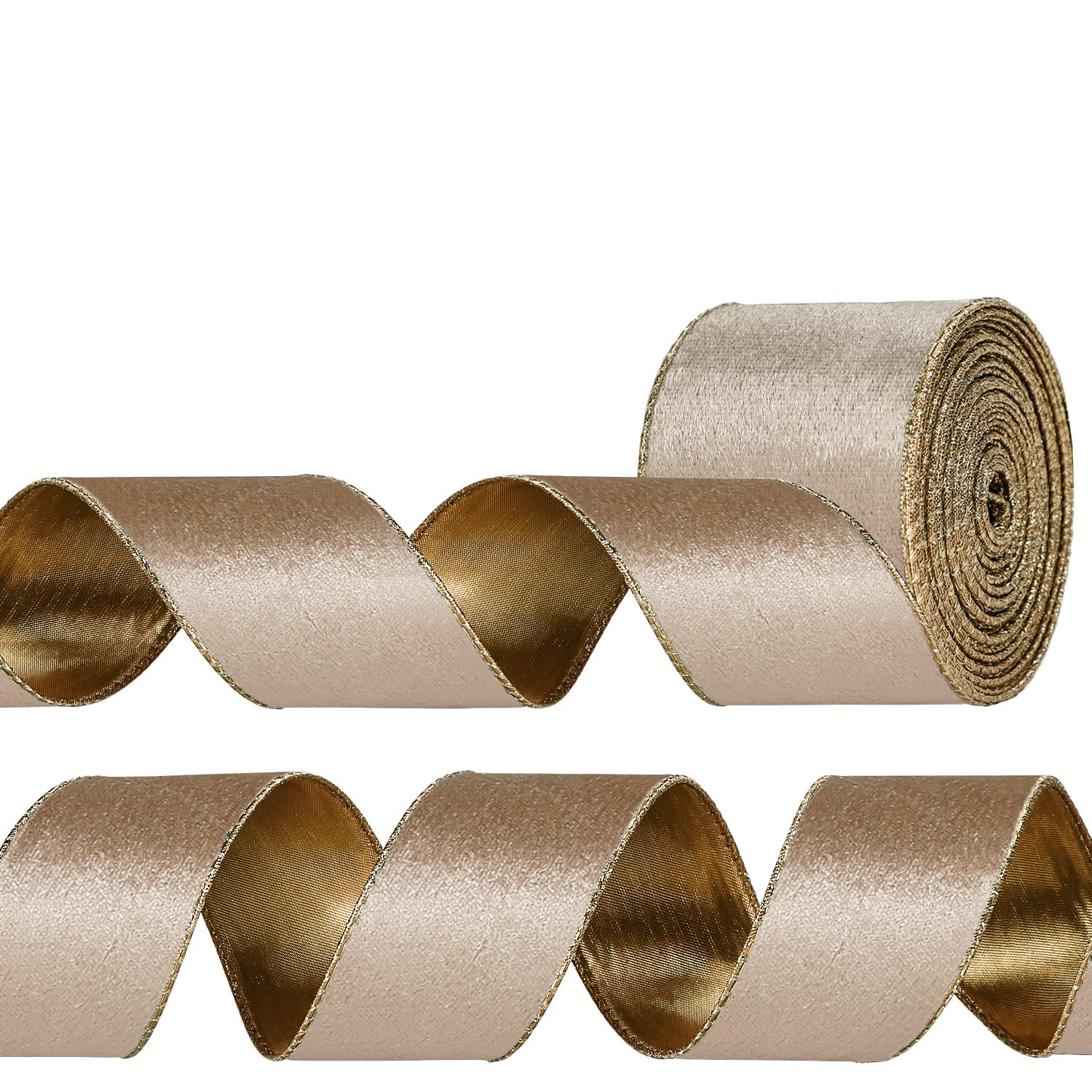 Velvet Fabric Ribbon for Christmas Tree Decoration, Gift Wrapping, Bow Making, Wreath DIY Crafting, 6.3cm x 10 Yards, Wired Edge, Gold Trim (Champagne Gold)