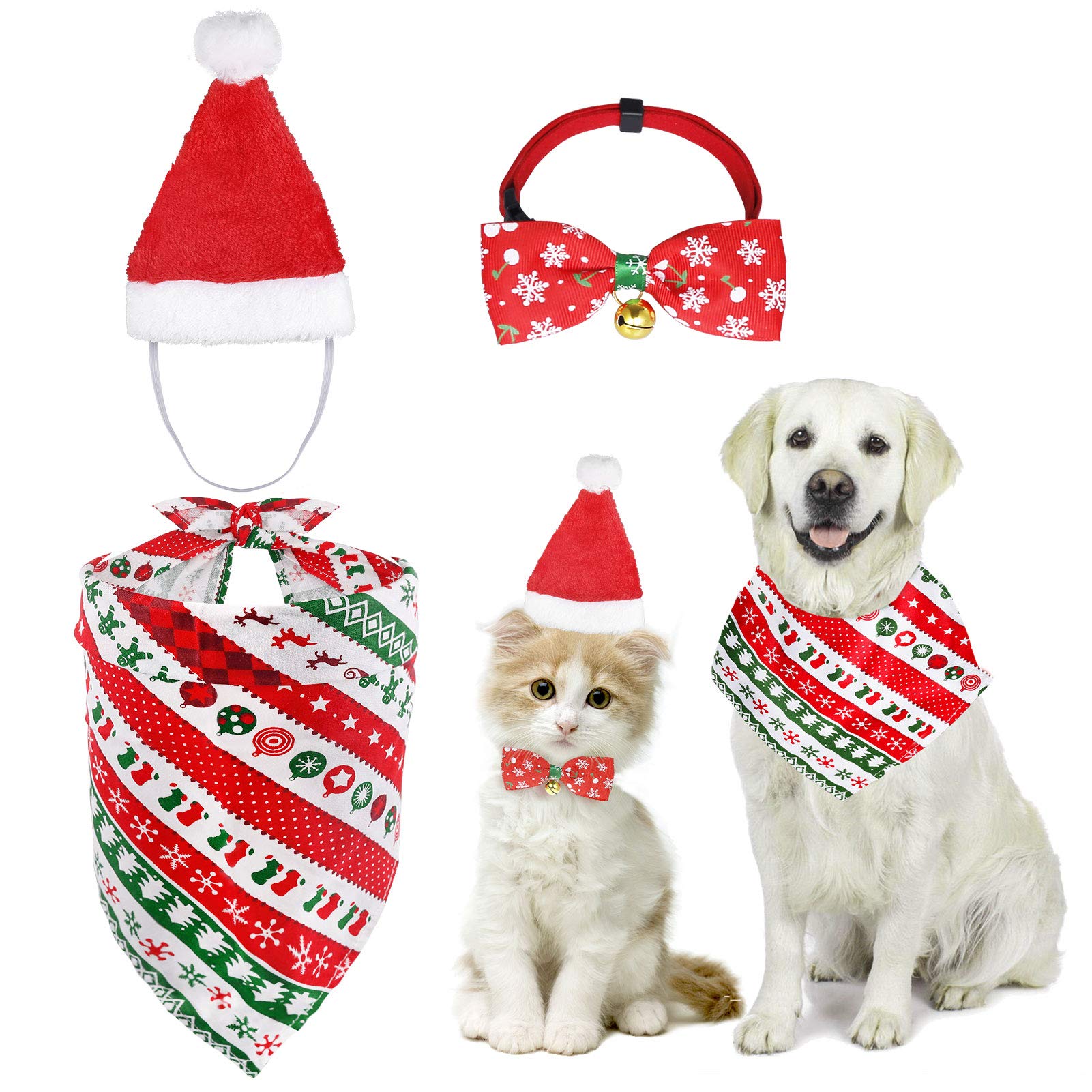 3 Pack Pet Outfit Set - Christmas Bandana, Santa Hat, Bow Tie for Dog & Cat - Party Cosplay Supplies