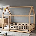 UOCFYK Full Size Floor Bed, Wood Montessori House Bed Frame with Fence, House Floor Bed for Kids, Boys and Girls, Decoratable Playhouse for Kids, Natural