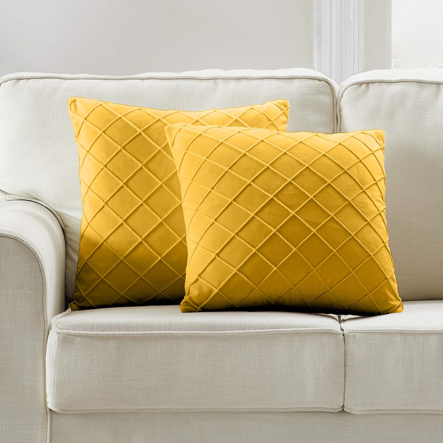 Longhui bedding Velvet Mustard Yellow Throw Pillow Cover, 18 x 18 Inches Decorative Throw Pillows for Couch Sofa Bed, Square Cushion Covers with Zipper Closure - Set of 2