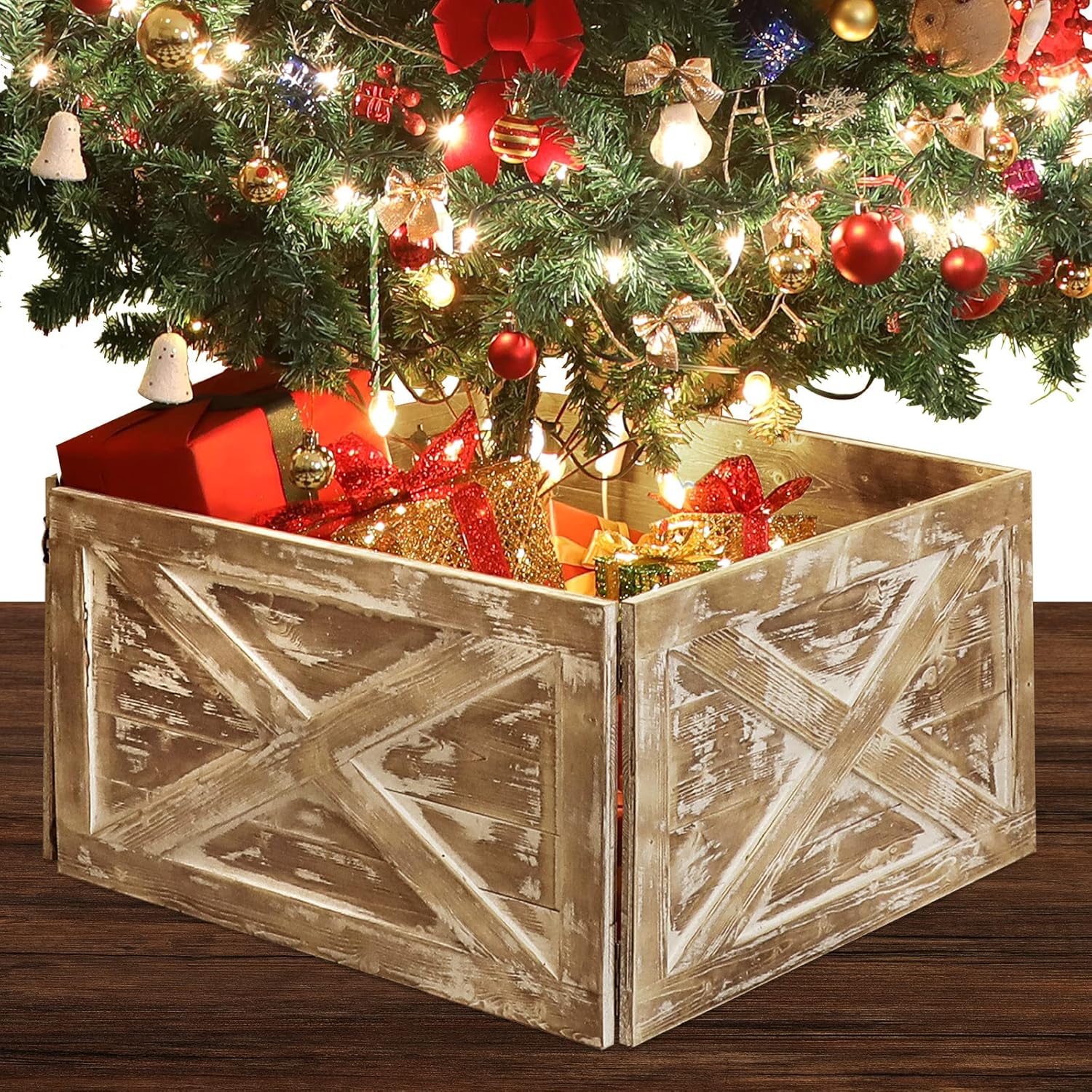 Tree Stands - MCEAST Wooden Tree Collar Box 16.5 x 16.5 x 11.5 Inches Oversized Christmas Tree Skirt Tree Box Natural Christmas Farmhouse Wooden Tree Box Stand Cover for Christmas Rustic Party Supplies, Light Brown