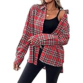 Wanzetaly Womens Casual Oversized Flannel Plaid Button Down Long Sleeve Shirts Fashion Blouse Tops with Pocket