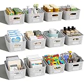 Plastic Storage Basket for Organizing 12 Pack Small Storage Bins Container for Shelves, White Shelf Baskets with Handles for Organization
