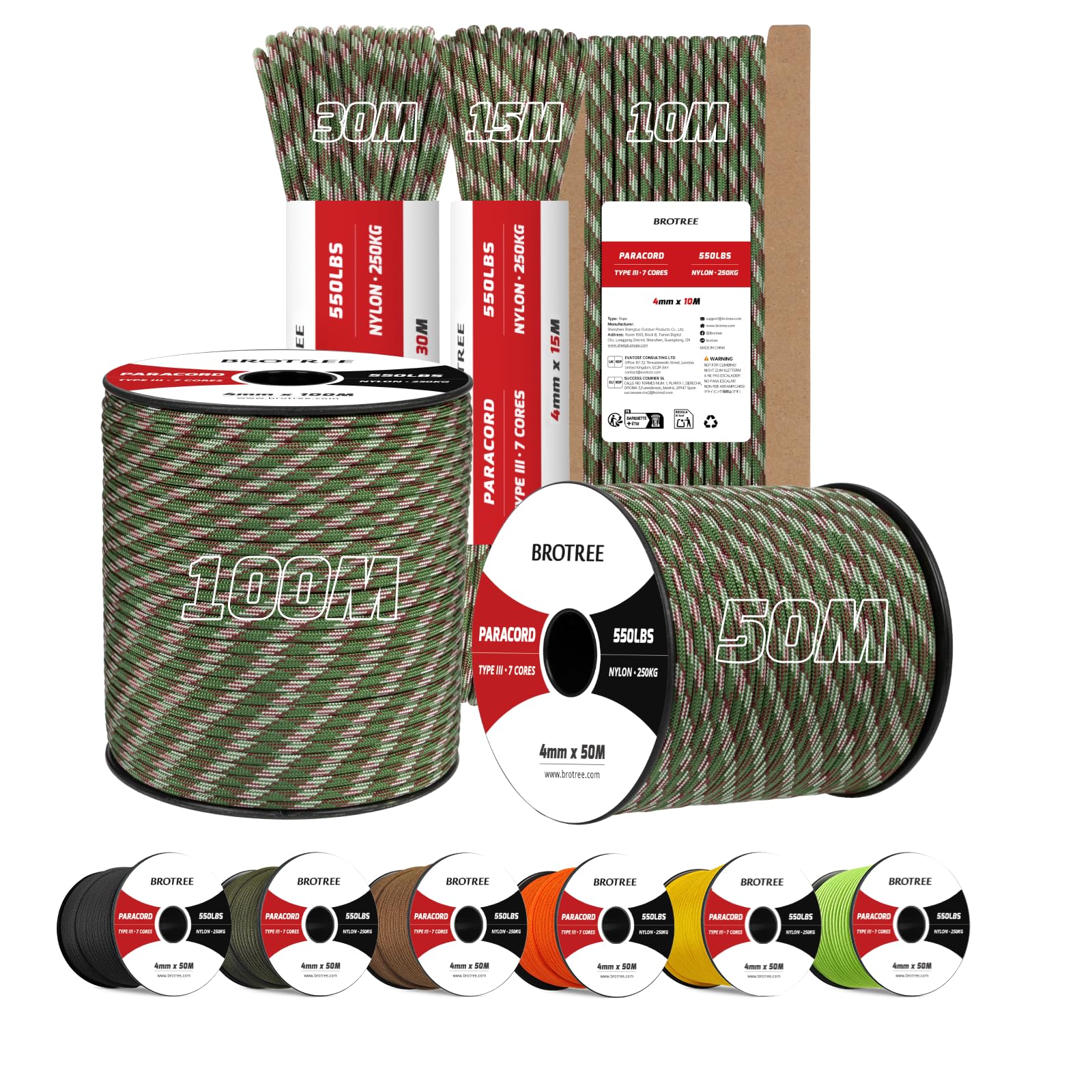 Brotree 4mm Paracord 550 30M 100% Nylon Rope 7 Strands Type III Parachute Cord for Outdoor and DIY - 250kg Breaking Load (Army Green Camo)