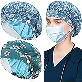 ABAMERICA 2 Pack Bouffant Caps with Button and Sweatband, Adjustable Scrub Caps for Women Men, One Size Multi Color