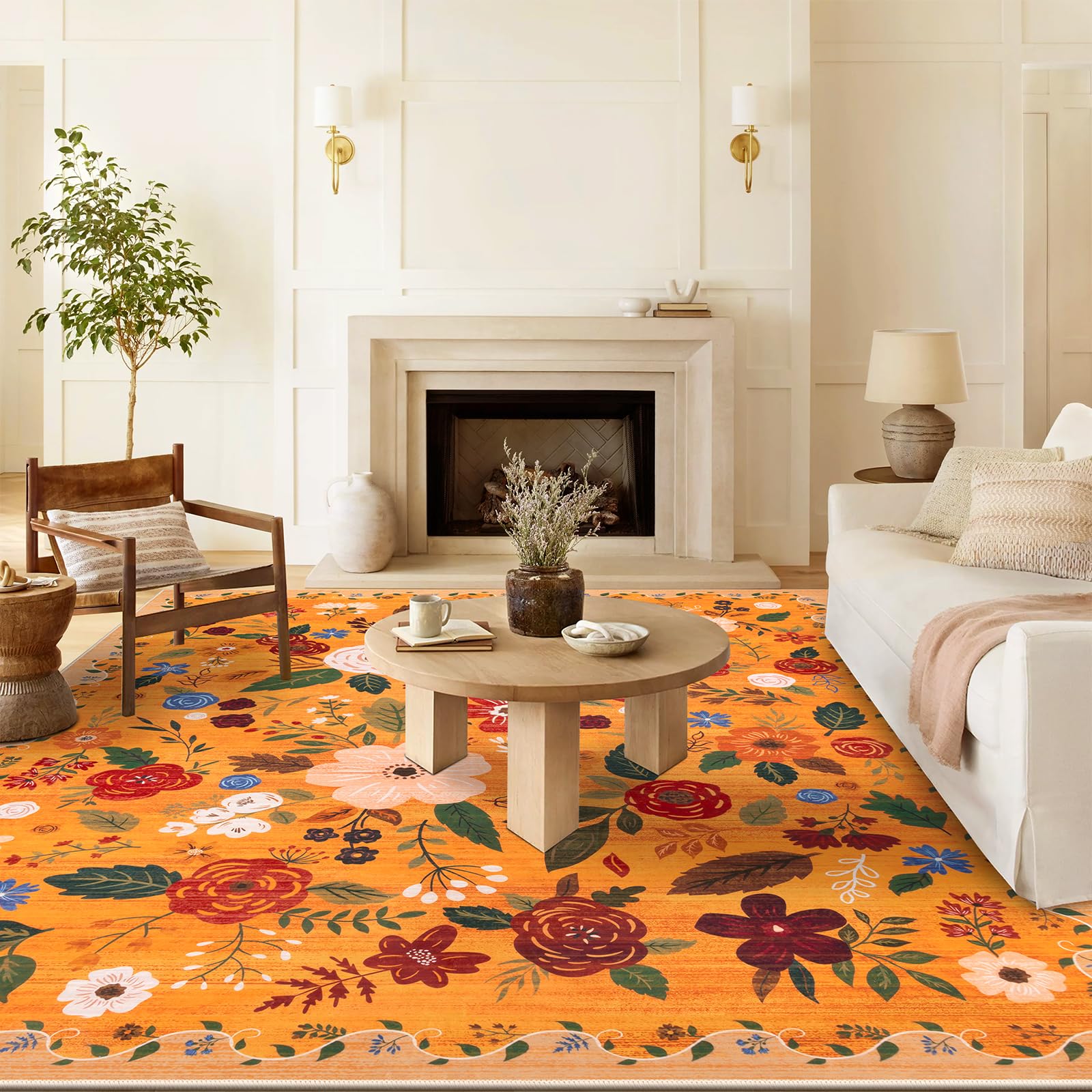 U'Artlines 8x10ft Fall Colorful Floral Area Rug Machine Washable Ultra Soft Low Pile Non Slip Non Shedding Accent Floor Carpet for Living Room, Bedroom, Dining Room, Office (Orange) Image