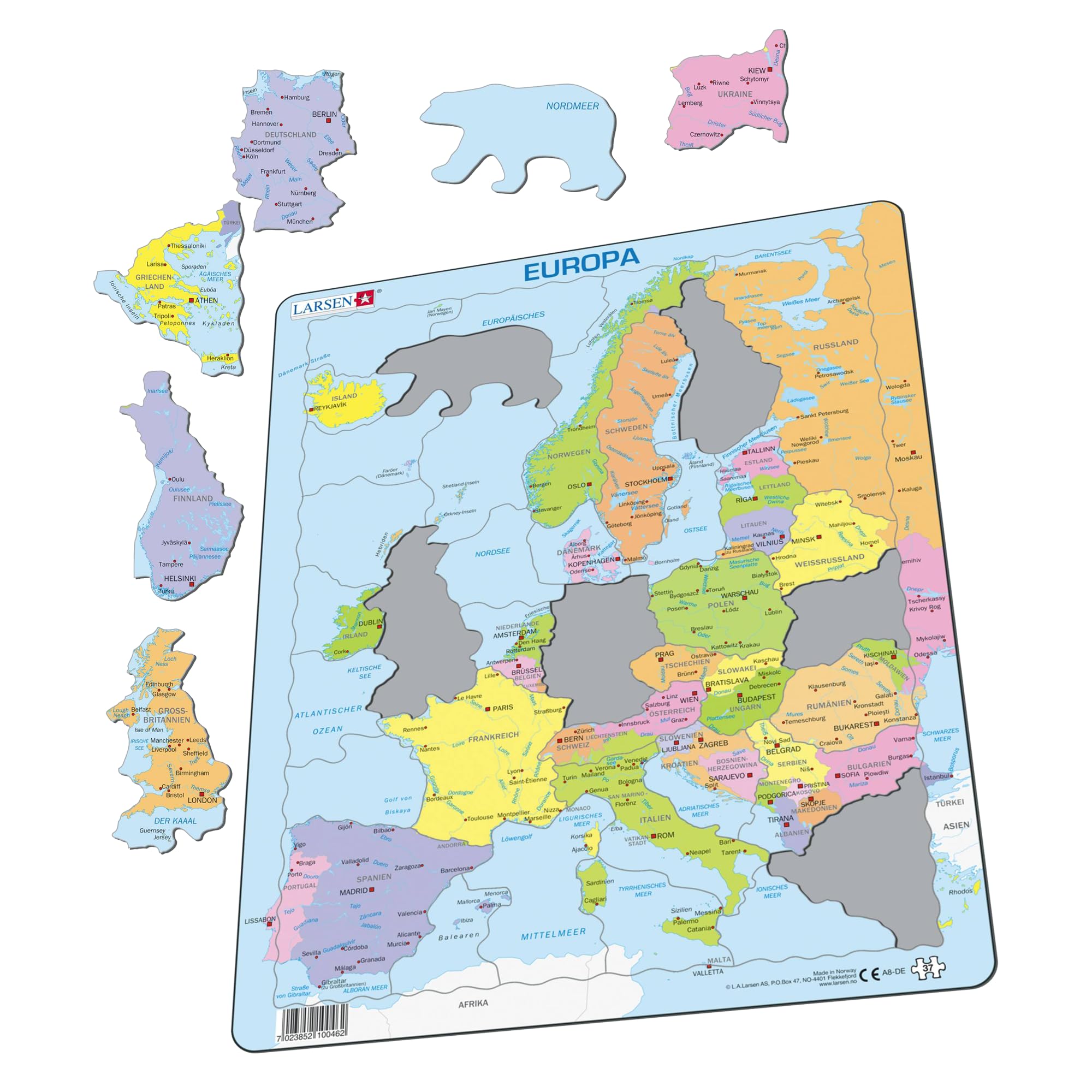 Larsen A8 Europe Political Map for Younger Children, German Edition, 37 Piece Boxless Tray & Frame Jigsaw Puzzle
