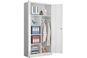 Yizosh Metal Armoire Wardrobe Closet Cabinet for Hanging Clothes with Lock Doors, -72" Steel Lockable Wardrobe Storage Locker Clothes Organizer for Bedroom, Laundry Room (White)