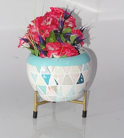 Elegant Crafts India Indoor Plant Pot or Table Planter with Rust Free Metal Stand for Indoor and Outdoor Gardening Plants Pack of 1 Width X Height 06X06 Inches (Sky Blue and White Designs)