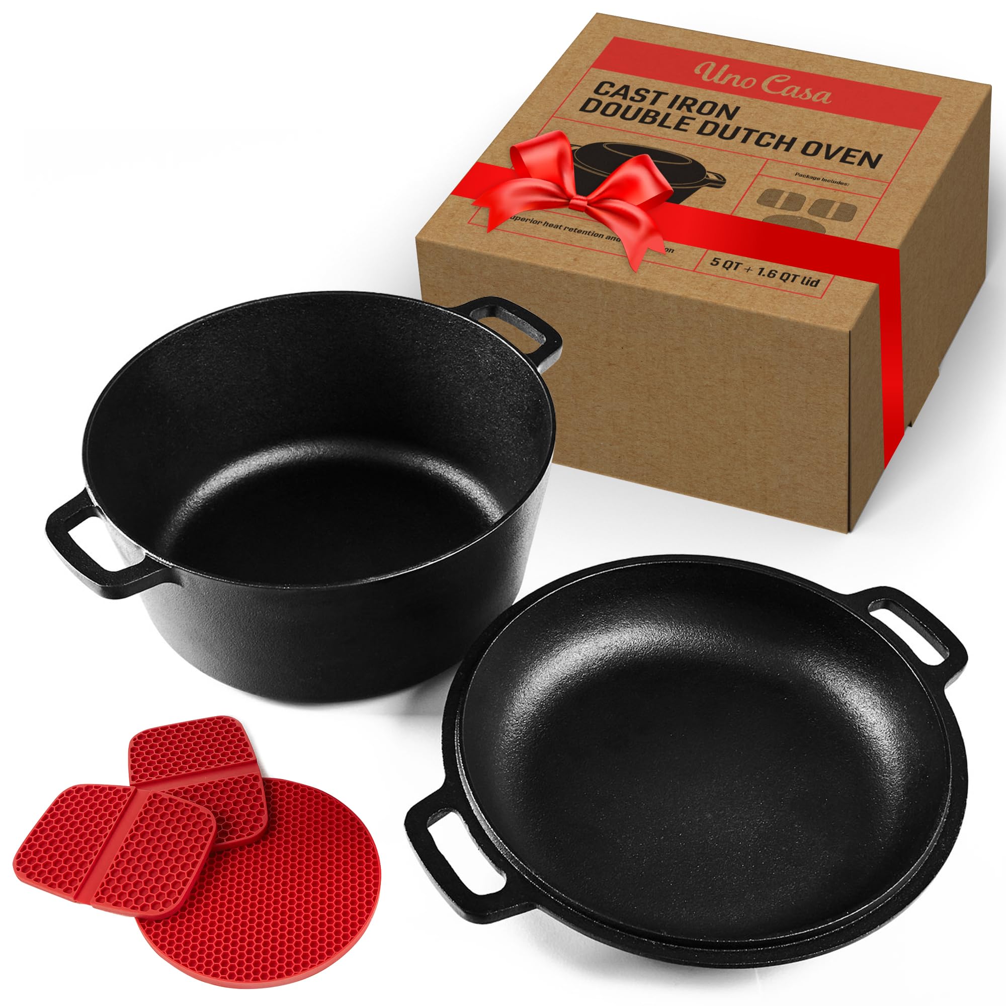 Photo 1 of Uno Casa 2in1 Cast Iron Dutch Oven Large - 5 Quart Dutch Oven Pot with Lid, Pre-Seasoned Dutch Oven for Bread Baking, Heavy Duty Cast Iron Pot with Frying Pan