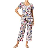 HUE womens Printed Knit Short Sleeve Tee With Flounce Hem and Pant 2 Piece Pajama Set Sleepwear