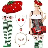 Parma77 6 Pcs Strawberry Costume Accessories Set for Women, Strawberry Beret Hat,Strawberrys Jewelry Set, Cotton Thigh High Over Knee Socks with Bowknot for Halloween Cosplay