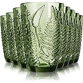Reallnaive Green Drinking Glasses Set of 8, Boho Aesthetic Vintage Glassware Fern Carving Textured Tumbler Water Cups Embossed Pattern Drinkware Cocktail Glasses Set for Xmas Gifts(12 oz,Highball)