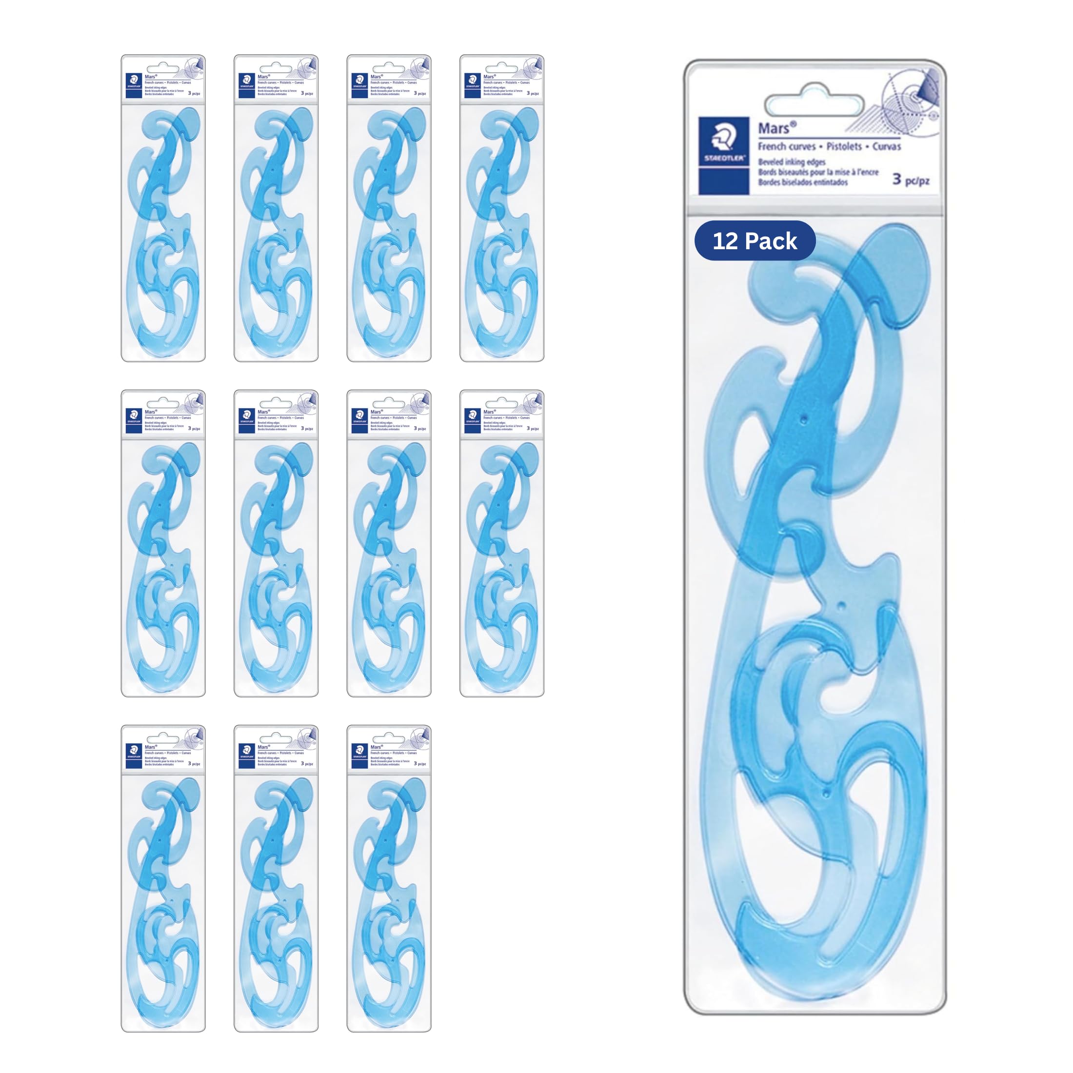 STAEDTLER Mars Professional French Curve Design Ruler Set for Pattern Making 12-Pack (12 Sets of 3 pcs), 3 Essential A B C Shapes, Blue Transparent Plastic with Inking Edge, 36 Count Image