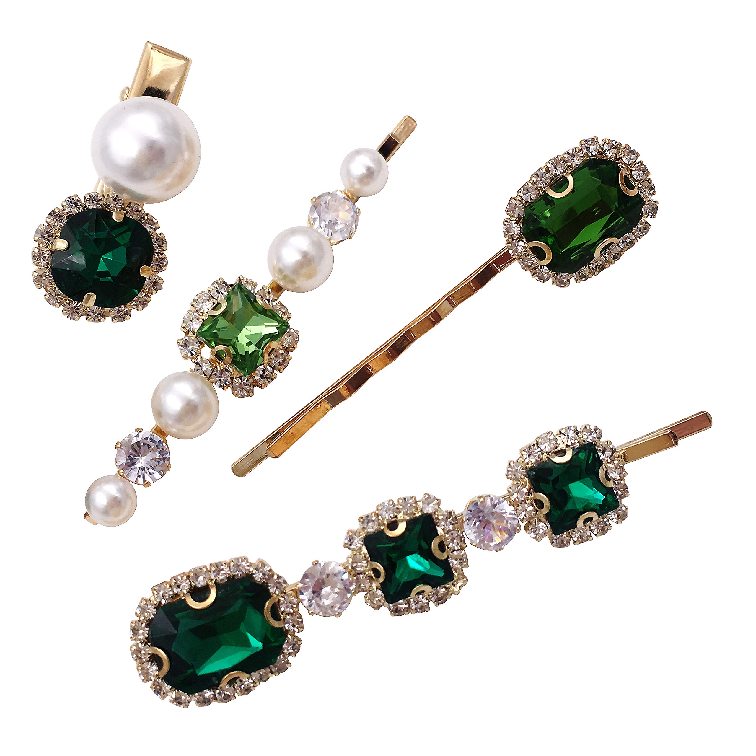 Photo 1 of 4PCS Vintage Green Crystal Pearl Gold Bobby Pins Decorative Hair Slides Clips Accessories Women