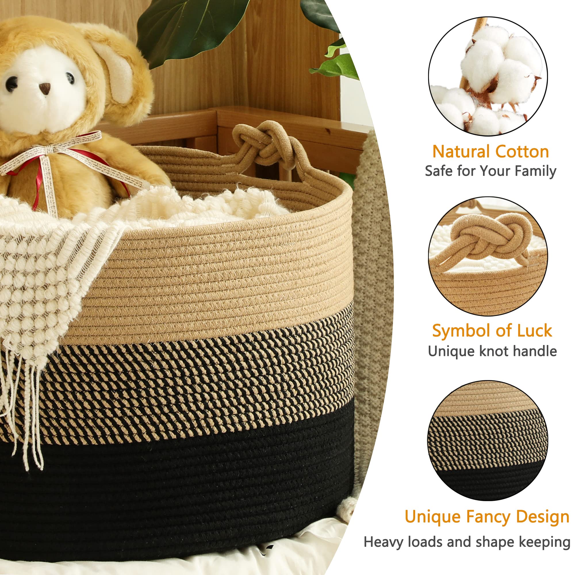 KAKAMAY Large Blanket Basket (20"x13"),Woven Rope Baskets for storage Baby Laundry Hamper, Cotton Rope Blanket Basket for Living Room, Laundry, Nursery, Pillows,Baby Toy chest (Jute/Black)