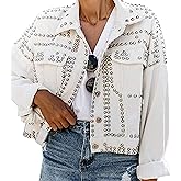 APAFES Women's Fashion Crop Fringe Denim Jacket Distressed Western Studded Black Trucker Jacket