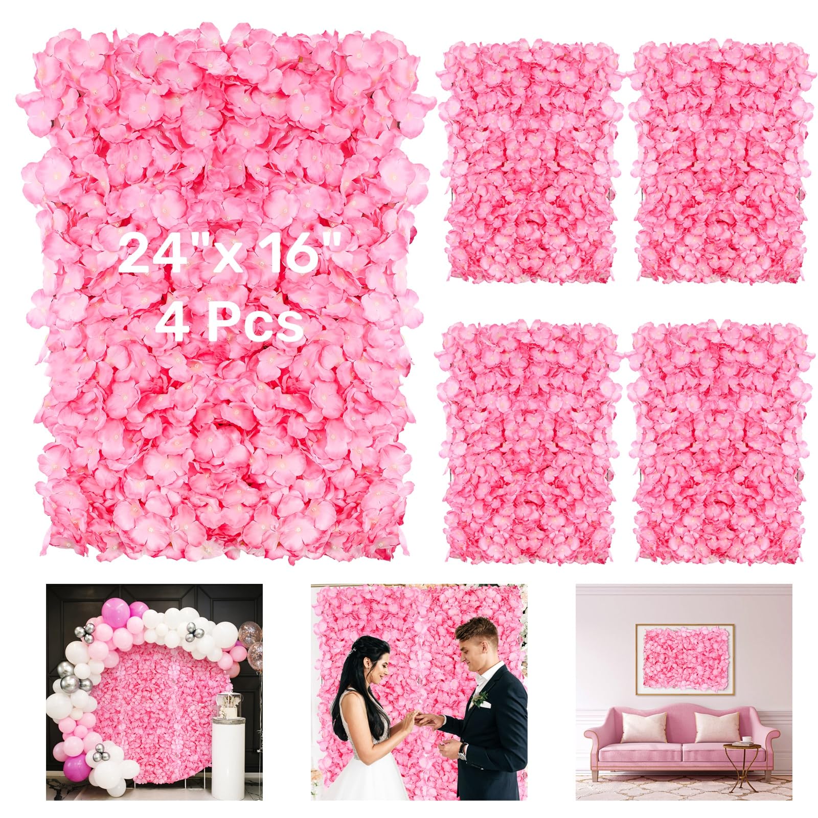 Photo 1 of Noamus 4 Pack 24"x16" Flower Wall Panel Set, Artificial Flower Backdrop, 3D Silk Pink Hydrangea Floral, Wall Decorative Faux Flower for Photo Centerpieces, Home Party Wedding Decoration