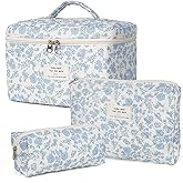 Makeup Bag,Quilted Cosmetic Bag,Large Floral Make Up Bag for Women,Cotton Makeup Bag Set,Flower Travel Toiletry Bag