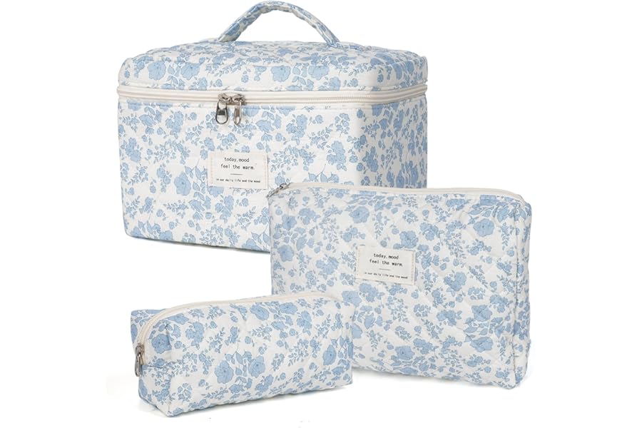 Makeup Bag,Quilted Cosmetic Bag,Large Floral Make Up Bag for Women,Cotton Makeup Bag Set,Flower Travel Toiletry Bag