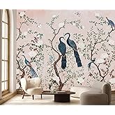 PYFFYP- Chinoiserie Pink Flowers and Bird Wallpaper Vintage Peacock murals for Living Room(Not Peel and Stick)