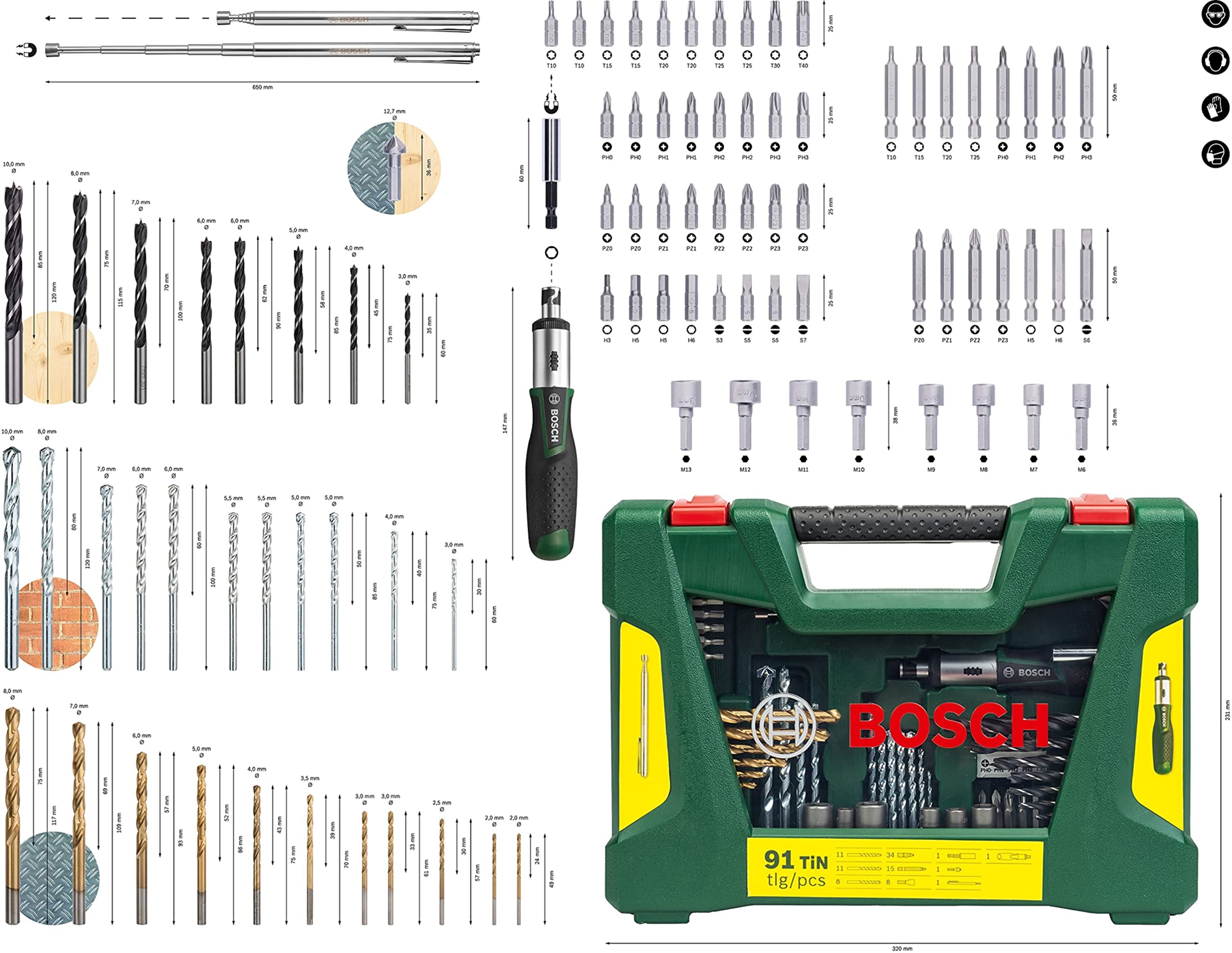 Bosch 91tlg. Titanium-Bohrer- und Bit Set V-Line (für Holz, Stein und Metall, inkl. Ratschen-Schraubendreher und Magnetstab, Zubehör Bohr- und Schraubwerkzeuge) 3