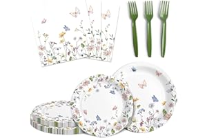 Audree 96 Pcs Wildflower Party Supplies, Disposable Paper Plates and Napkins Set For Spring, Baby Shower, Wedding, Birthday, Perfect For 24 Guests Set Dinner and Dessert Plates, Napkins, Plastic Forks