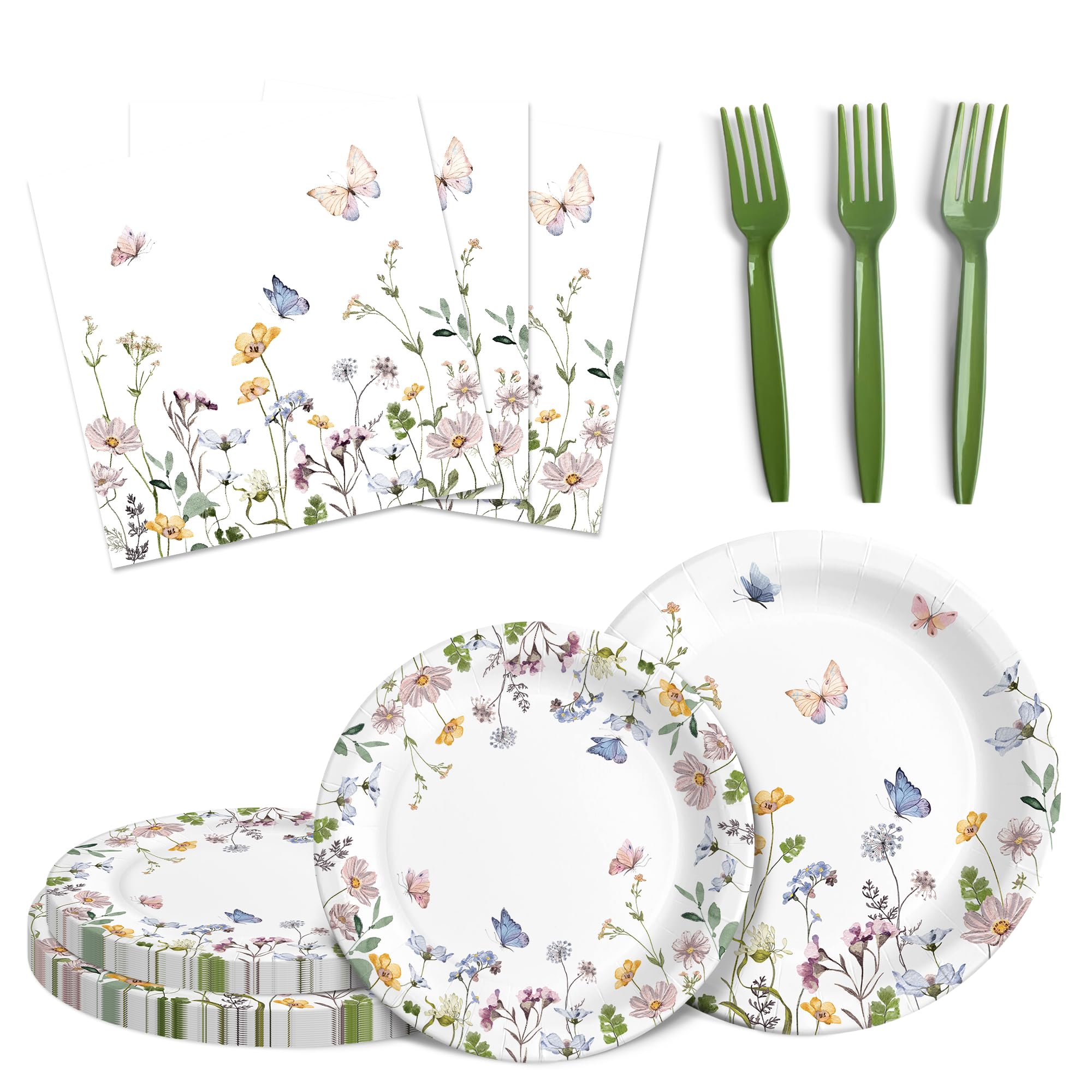 Photo 1 of Audree 96 Pcs Wildflower Party Supplies, 24 set Disposable Paper Plates and Napkins for Party Baby Shower, Wedding, Birthday, Perfect for Guests Set Dinner and Dessert Plates, Napkins, Plastic Forks