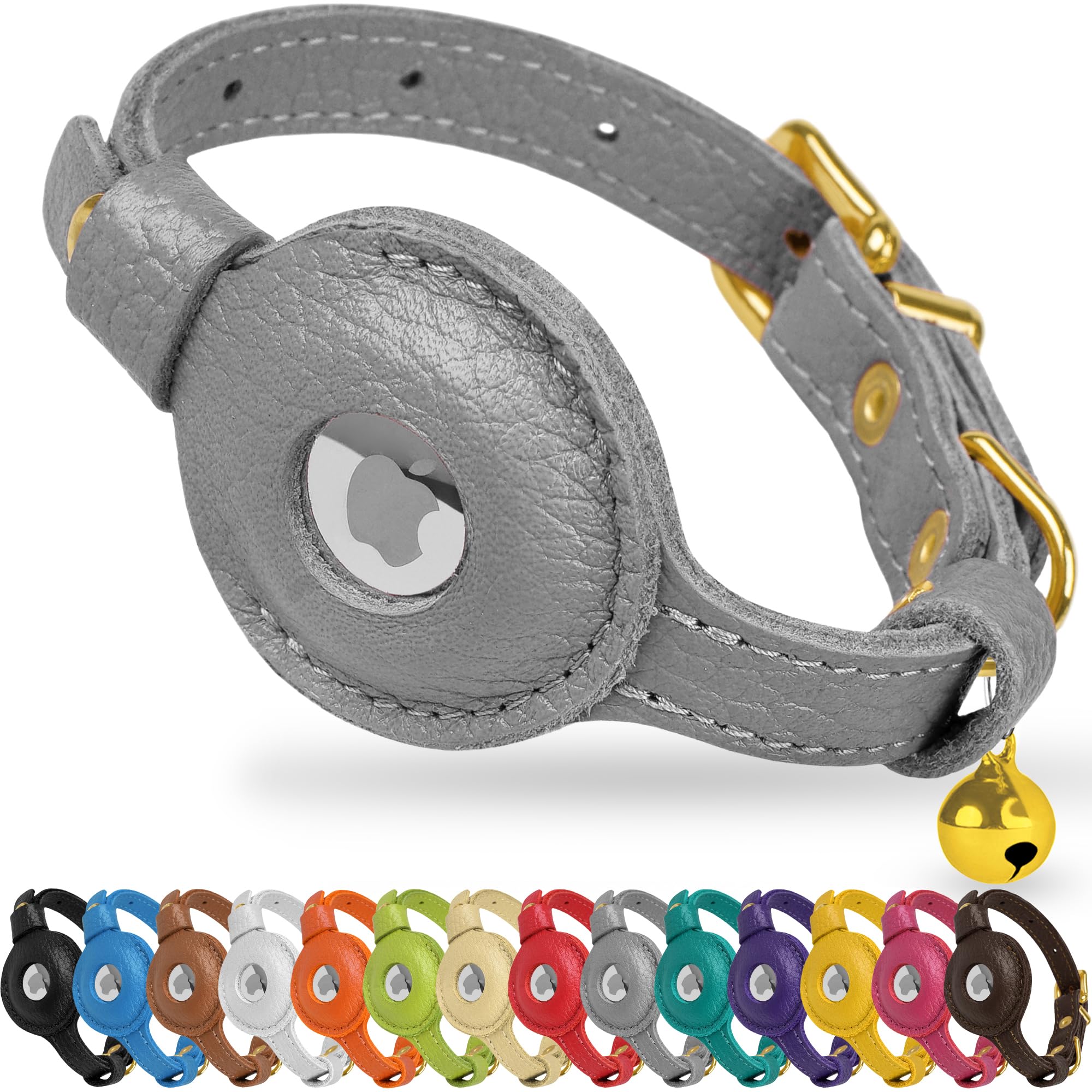 OOPSDOGGY Cat Collar with Bell for AirTag - Non Breakaway Leather Kitten Collar with Apple Air Tag Holder - Lightweight Integrated GPS Pet Collars for Girl Boy Cats, Small Dogs, Puppies (Gray)