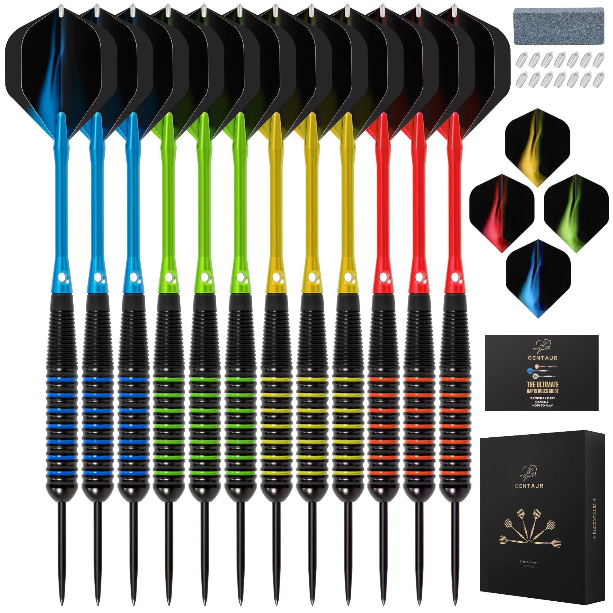 centaur 2026 Newest Darts 12 Pack Steel Tip Darts, Professional 24G Metal Dart Set with 4 Color Premium Aluminum Shafts and 4 Style PET Flights and Dart Case, Beginner or Professional Darts
