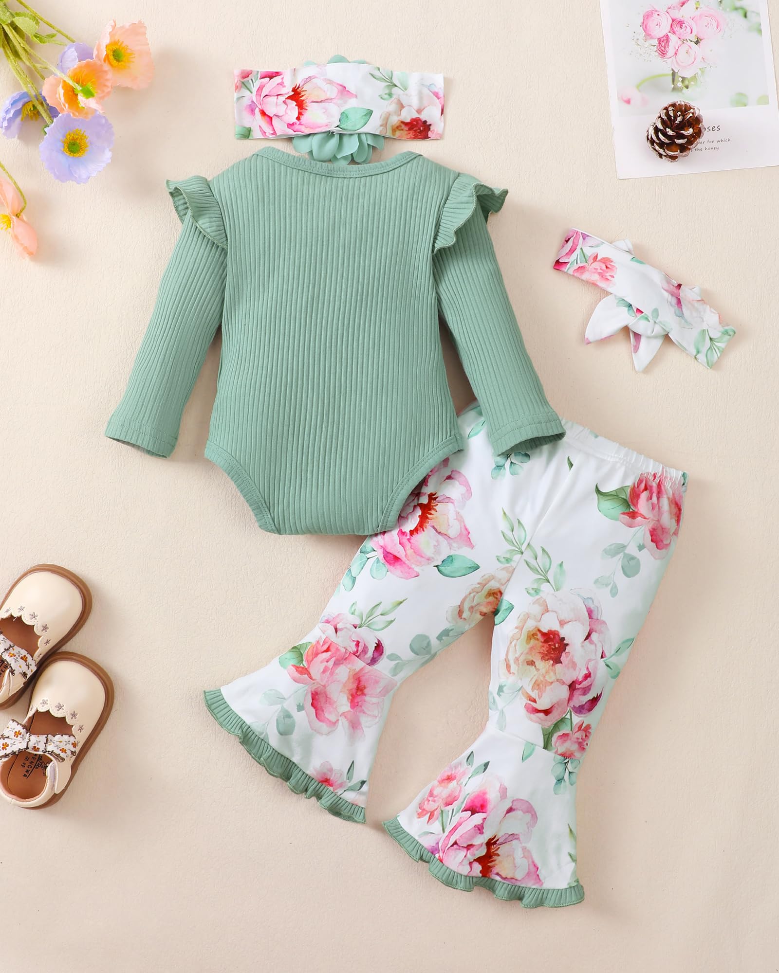 SUNNY PIGGY Newborn Baby Girl Clothes Infant Outfits Romper Floral Fall Outfit Bell Bottoms Pant Sets Hat Headband Flowerpant
