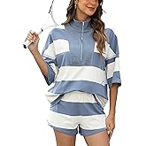 HOWALOOK Women's 2 Piece Striped Workout Set Oversized Zip Up Tee and Wide Leg Shorts Athletic Lounge Shirt and Shorts