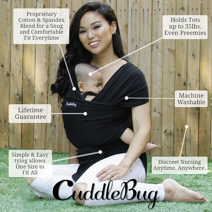Image 2 - CuddleBug Baby Wrap Sling + Carrier - Newborns & Toddlers up to 36 lbs - Hands Free - Gentle, Stretch Fabric - Ideal for Baby Showers - One Size Fits All (Black)